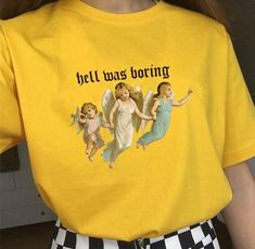 Hell Was Boring Angel Tee is a stylish and unique unisex t-shirt available in yellow, pink, and white. Made from high-quality materials, this shirt comes in a variety of sizes and is both comfortable and durable. The design features three angels with the famous phrase "Hell Was Boring", adding a playful twist to traditional angel imagery. Perfect for any occasion, this tee is sure to make a statement. Get yours today! Collar: O-Neck Printed: High Quality Material: 100% Cotton Clothing Length: Re Egirl Outfits, 80s And 90s Fashion, Heart Clothes, Angel Print, Rainbow Outfit, Aesthetic Shirt, Stylish Letters, Tumblr Outfits, Aesthetic Shirts