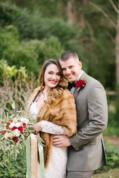 a bride and groom pose for their wedding photo