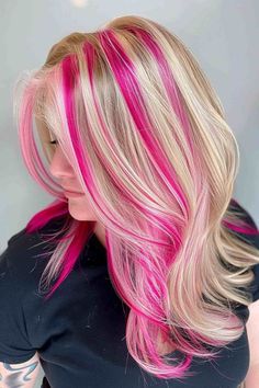 Blonde Hot Pink Hair, Pink Highlights In Blonde Hair Curly, Blonde Hair With Colorful Highlights, Colored Hair For Blondes, Blonde Hair With Colored Highlights, Pink And Blonde Highlights, Hair Dye Ideas For Blondes