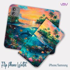 three phone cases with dolphins and tropical scenes on them, one has an ocean scene