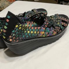 Brand New Multicolor Closed Toe Synthetic Sneakers, Multicolor Synthetic Closed Toe Sneakers, Multicolor Synthetic Sandals With Rubber Sole, Multicolor Leather Closed Toe Sneakers, Multicolor Leather Sneakers, Multicolor Slip-on Sneakers With Woven Sole, Skechers Sandals, Strappy Wedge Heels, Foam Shoes