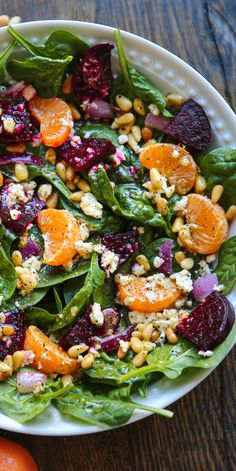 Beet Salad with Spinach, Mandarin Oranges, Red Onion, Pine Nuts, and Feta Cheese - in a white bowl. Salad With Honey Mustard Dressing, Salad With Spinach, Mandarin Orange Salad, Beet Salad Recipes, Homemade Honey Mustard, Fresh Salad Recipes, Mandarin Oranges, Honey Mustard Dressing, Beet Recipes