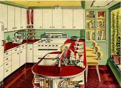 an old fashioned kitchen with white cabinets and red counter tops is featured in the magazine renoovera kokt 40 tals still