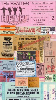 the beatles concert ticket collage is shown in pink, blue and green colors with white lettering