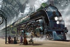 an old steam engine train with people standing around it