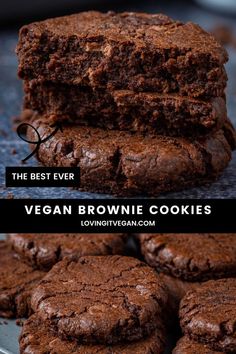 vegan brownie cookies stacked on top of each other with the title above it