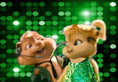 two cartoon characters standing next to each other in front of green and white lights,