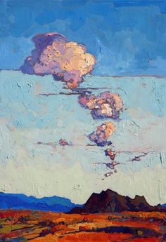 an oil painting of clouds in the sky over mountains and land with blue skies above