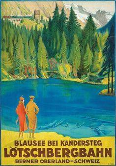 an old german travel poster shows two people looking out over a lake in the mountains