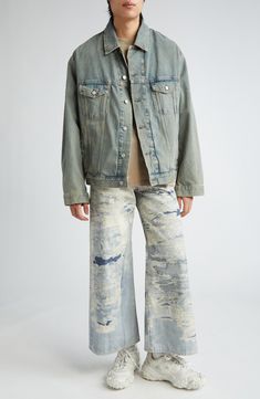 A faded wash and light distressing bring an instant lived-in look to this trucker jacket crafted in an oversized fit from nonstretch denim. 26" length (size XX-Small/X-Small) Front button closure Spread collar Button cuffs Chest button-flap patch pockets; front welt pockets Adjustable button side tabs 100% cotton Machine wash, tumble dry Made in Italy Designer Clothing Oversized Distressed Light Wash Jeans, Oversized Light Wash Distressed Jeans, Oversized Faded Distressed Jeans, Relaxed Fit Distressed Washed Blue Denim Jacket, Relaxed Fit Washed Blue Distressed Denim Jacket, Washed Blue Distressed Denim Jacket In Relaxed Fit, Oversized Faded Jeans For Fall, Light Wash Relaxed Fit Recycled Denim Jacket, Light Wash Relaxed Fit Denim Jacket In Recycled Denim