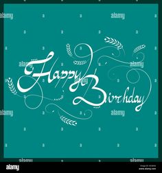 happy birthday greeting card with handwritten text and floral design on blue background - stock image