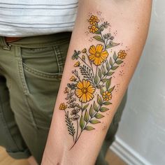 Wildflower Tattoo Art Set Adding To A Tattoo Ideas, Fine Line Wildflower Bouquet Tattoo, Forearm Tattoos Nature, Tradional Tattoo Women, American Traditional Flowers, Wildflower Tattoo Design, Herbal Tattoo, Lotr Tattoo, Link To The Past