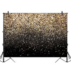 a black and gold glitter backdrop on a tripod with two light stands in the foreground