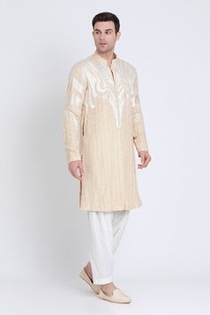 Beige kurta featuring silk resham embroidery in geometric pattern. Comes with a pant. - Aza Fashions Transitional Cotton Kurta With Geometric Embroidery, Geometric Embroidered Kurta For Eid Wedding, Elegant Festive Kurta With Geometric Embroidery, Geometric Embroidery Kurta For Wedding On Eid, Geometric Embroidery Kurta For Wedding And Eid, Geometric Embroidery Kurta For Eid Wedding, Traditional Wear With Geometric Embroidery For Eid Wedding, Traditional Wear With Geometric Embroidery For Wedding And Eid, Festive Eid Kurta With Geometric Embroidery