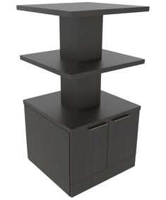 a black shelf with two doors and drawers on it's sides, in front of a white background