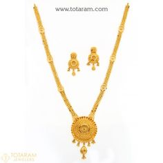 22K Gold Long Necklace & Earring Set - 235-GS2936 - Buy this Latest Indian Gold Jewelry Design in 42.250 Grams for a low price of  $2,200.74 Intricate Design Long Necklace, Gold Necklace Sets, 22 Karat Gold Jewelry, Indian Gold Jewellery Design, India Necklace, Indian Gold Jewelry, 22k Gold Necklace, Temple Jewelry Necklace, Long Haram