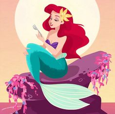 the little mermaid is sitting on top of a rock with her tail curled up and holding a fork