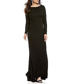 David Meister Fringe Cowl Back Boat Neck Long Sleeve Jersey Gown Black Floor-length Maxi Dress For Cocktail, A-line Maxi Dress For Evening With Flattering Silhouette, Adrianna Papell Black Dress, Black V-neck Cocktail Gown, Black Floor-length Mother Of The Bride Dress, Women's Formal Dresses, Boat Neck Long Sleeve, Black Tie Gala, Casual Wedding Dress