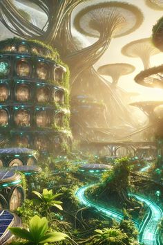 a futuristic city surrounded by trees and plants