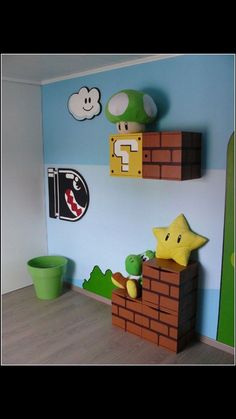 a nintendo themed room with mario and luigi on the wall