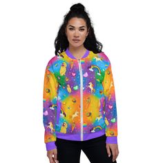 Add a little zing to your wardrobe with this vibrant All-Over Print Bomber Jacket. Wear it on a basic t-shirt, or layer it on top of a warm hoodie—it’ll look great either way. With a brushed fleece inside, and a relaxed unisex fit, this Bomber Jacket is just the stuff of the dreams, so be quick to grab yourself one! • 100% polyester • Fabric weight: 6.49 oz/yd² (220 g/m²), weight may vary by 5% • Brushed fleece fabric inside • Unisex fit • Overlock seams • Sturdy neck tape • Silver YKK zipper • Fun Multicolor Hooded Outerwear, Fun Winter Streetwear Outerwear, Rainbow Casual Winter Hoodie, Casual Winter Rainbow Hoodie, Playful Hooded Windbreaker For Winter, Playful Hooded Winter Windbreaker, Rainbow Long Sleeve Sweatshirt For Winter, Playful Long Sleeve Streetwear Outerwear, Casual Rainbow Top For Winter