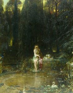 a painting of a woman sitting in the water