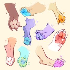 several different types of hands and feet with colored inks on the top, bottom and bottom