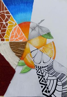 an art work with different colors and patterns on it's paper, including oranges