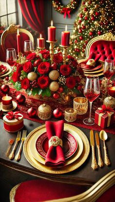 a christmas table setting with red and gold decorations