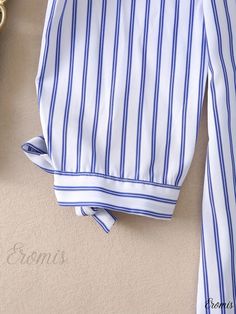 Eromis - Asymmetrical Striped Print Blouse with Knotted Button Front - An Elegant Addition to Womens Clothing Collection Fall Care, Elegant Fabric, Print Blouse, Style Elegant, Printed Blouse, Types Of Printing, Collar Styles, Weaving, Clothes For Women