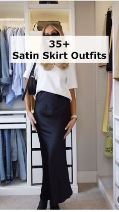 Navy Silk Skirt, Slip Skirt Outfit, Black Satin Midi Skirt, Fashionista Outfits