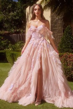 Andrea & Leo A1340 Blush ball gown with a sheer bodice with lace applique and leg slit. Long Ball Dresses, Quinceanera Dresses Black, Andrea And Leo, Boning Corset, Floral Ball Gown, Quinceanera Dresses Red, Purple Quinceanera Dresses, Black Quinceanera Dresses, Sweet 17