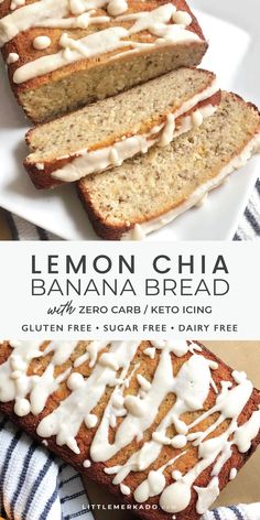 golden banana bread with white icing Monkfruit Sweetener Recipes, Chia Banana Bread, Keto Icing, Orange Zucchini, Sugar Free Desserts Healthy, Monkfruit Sweetener, Low Carb Smoothie Recipes, Vegan Brunch Recipes