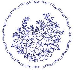 a blue and white drawing of flowers on a plate