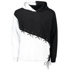 Color Block Criss Cross Lace Up Hoodie - White And Black - 3Z57512712 - Men's Clothing  #MensClothing #Men's #Clothing Lace Up Hoodie, Mens Sweatshirts Hoodie, Color Block Hoodie, White Hoodie, Sweatshirt Refashion, Mens Fashion Edgy, Sweatshirt Outfit, Hoodie Outfit, Black Women Fashion