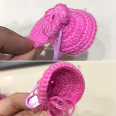 crochet baby booties being worked on by someone using the knitting machine to make them