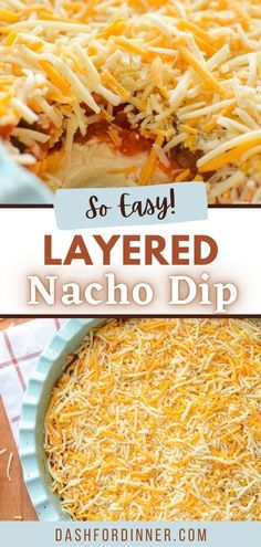 layered nacho dip with cheese on top and the words so easy in white letters