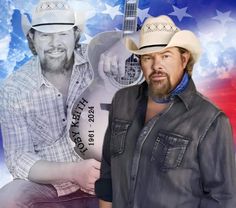 two men in cowboy hats and jeans are posing for a photo with an american flag background