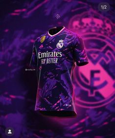 the real madrid jersey is displayed in front of a purple and black background with an image of