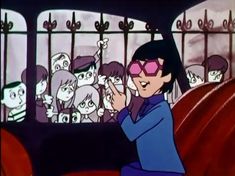 an animated image of a woman in front of a group of people on a bus