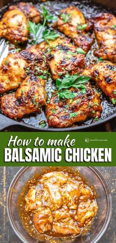 how to make balsamic chicken in a cast iron skillet with text overlay