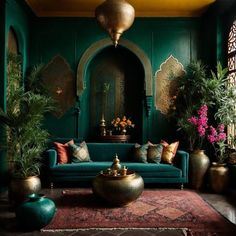 a living room filled with lots of furniture and potted plants on top of it