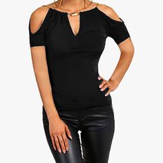 New Black Women’s Open Cold Shoulder Slim Fit Short Sleeve Tee Shirt With Gold Chain Accent Size M Solid Color Summer Party T-shirt, Trendy Solid Color Party T-shirt, Casual Solid Color Party Tops, Trendy Shirt For Night Out, Solid Color Short Sleeve Party Top, Trendy Black Short Sleeve Blouse, Casual Solid Color Shirt For Night Out, Casual Solid Shirt For Night Out, Casual V-neck Shirt For Night Out