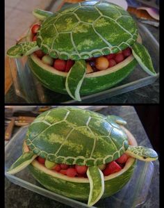 a turtle made out of watermelon and strawberries