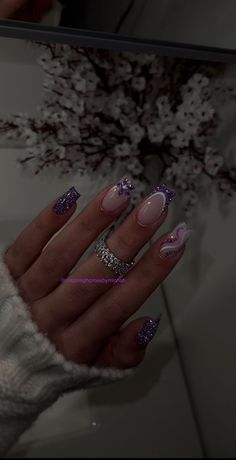 Nails For January, Nails January, Purple Glitter Nails, Multicolored Nails, Simple Acrylic Nails, Classy Acrylic Nails, Nails Only, Short Acrylic Nails Designs, Manicure Y Pedicure