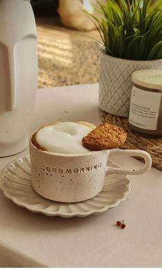 a cup of coffee sitting on top of a saucer next to a potted plant