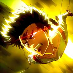 an animated image of a man flying through the air with his hair blowing in the wind