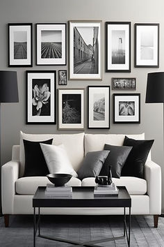 Dynamic living room with a bold picture wall featuring striking black and white photography. Empty Frames, Wall Decor Design