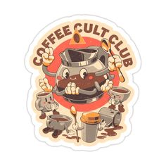 coffee cut club sticker with cartoon characters around it