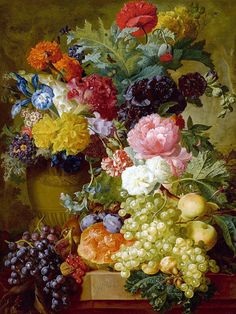 a painting of flowers and fruit in a vase